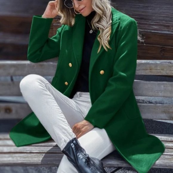 Double Breasted Lapel Collar Button Up pocketed Overcoat GREEN - Picture 6 of 8